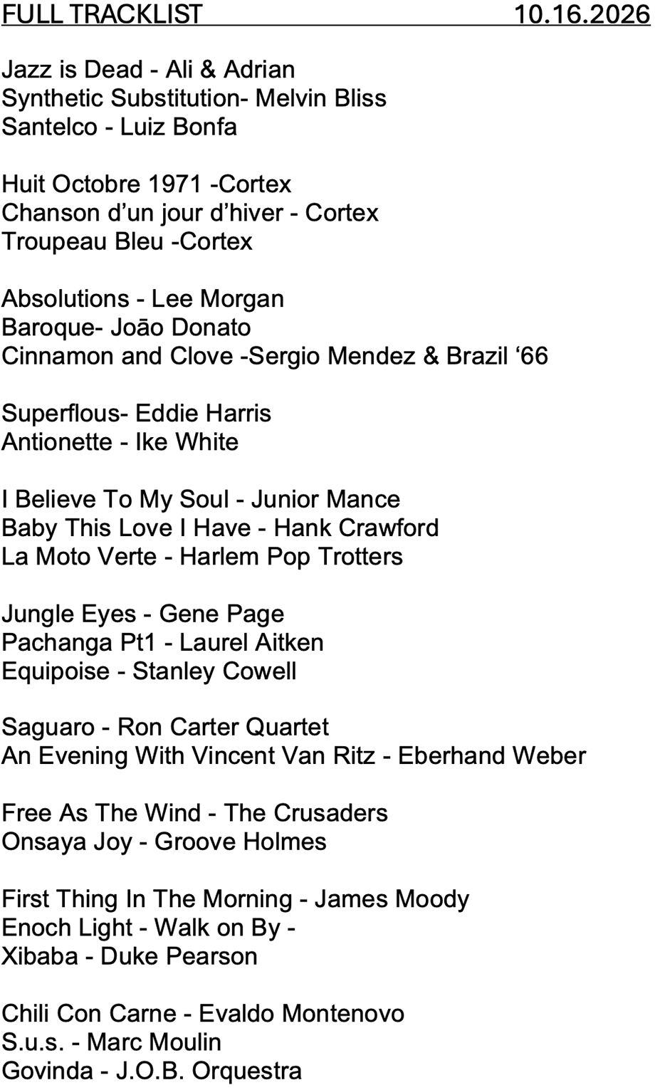 10/16/26 tracklist